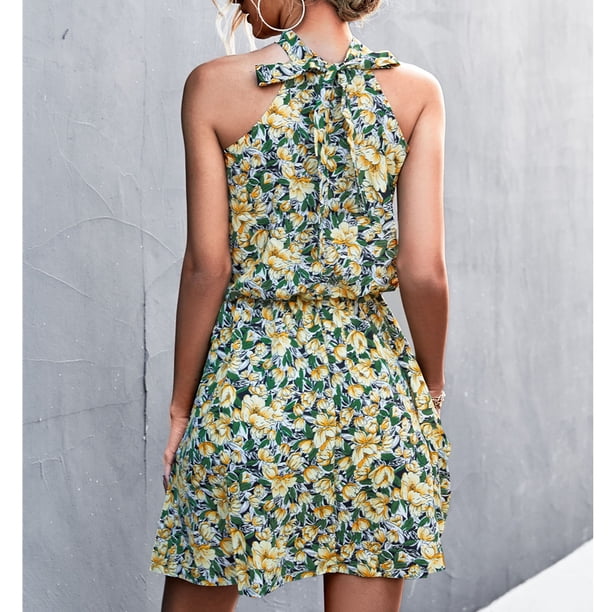 Cintura Elástica Vestido Con Estampado Floral Halter Neck Tie Back Vestido Corto Mujer Verano Elegante Cintura Elástica Vestido Con Estampado Floral Para Citas Amarillo M ANGGREK Amarillo M