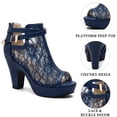 thumbnail image 3 of BLISSFUL STEP Women's Lace Peep Toe Platform Ankle Boots Chunky Heel Adjustable Buckle Strap Vintage Wedding Booties Deep Blue 8, 3 of 7