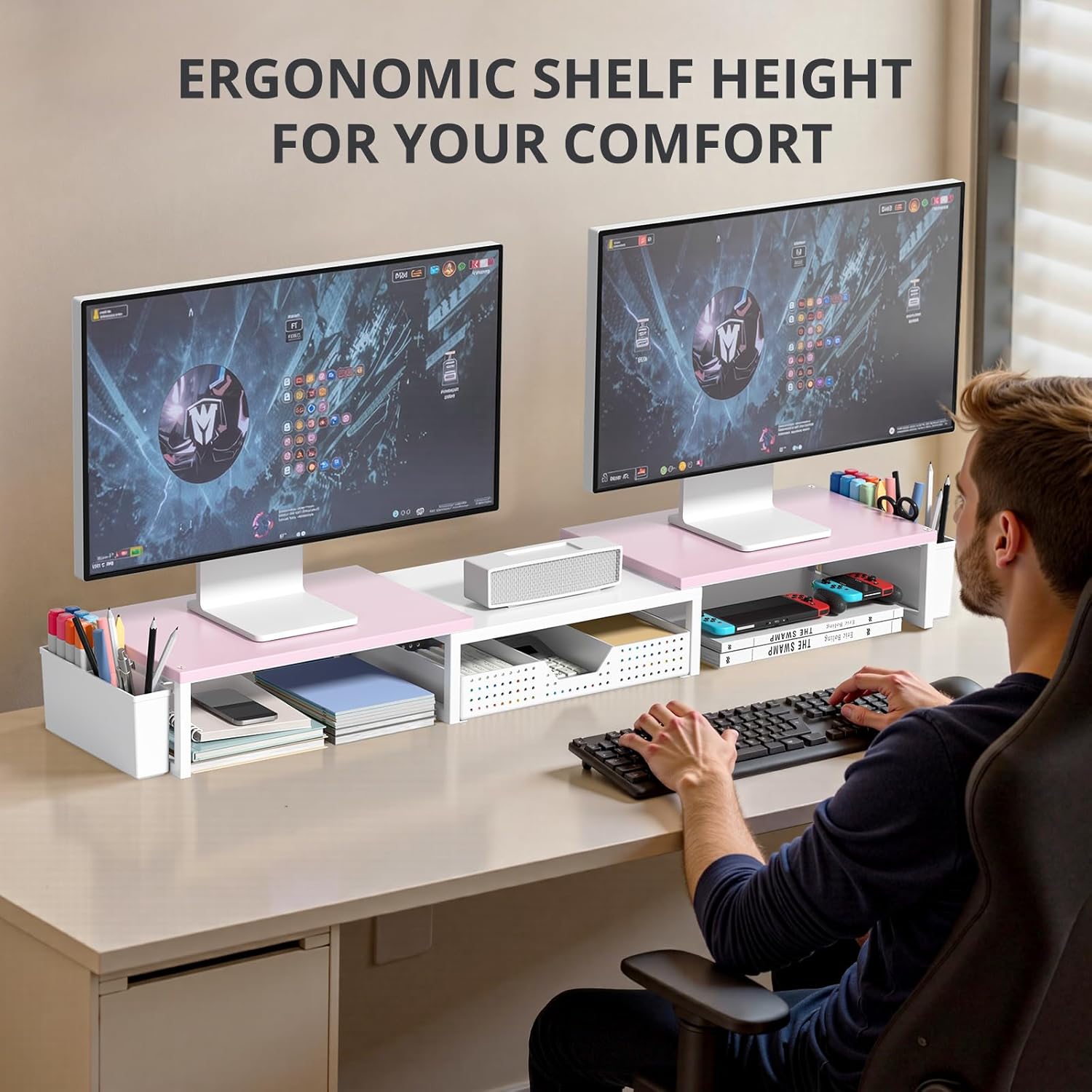 Desk Organizers and Accessories, Dual Monitor Stand Riser with Drawer and 2 Pen Holders, Desk Shelf Wood Computer Racks for Office Workspace Organizers, Desktop Organization (Pink-White Wood)