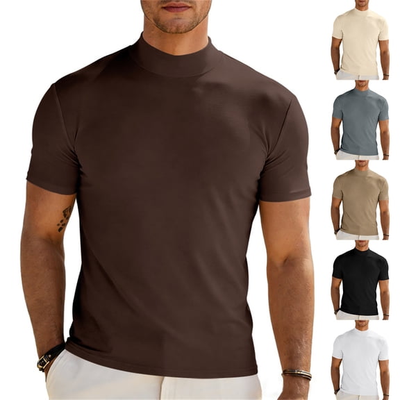 Mens Mock Turtleneck Shirts Casual Cotton Short Sleeve Shirt Basic Half Neck T-Shirts