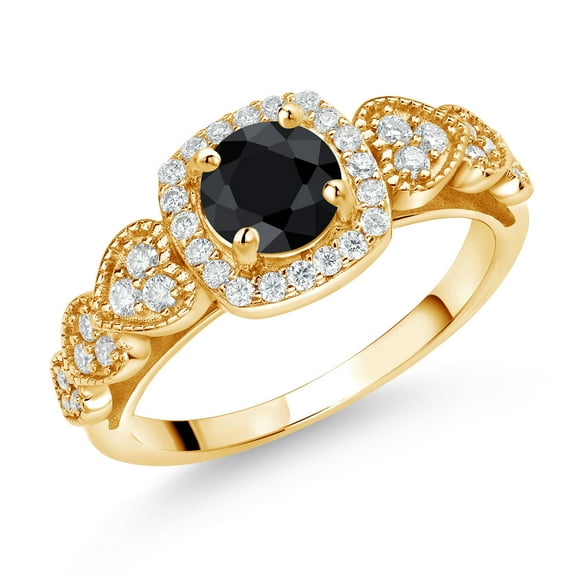 Gem Stone King 18K Yellow Gold Plated Silver Black Sapphire and White Moissanite Engagement Ring for Women (1.53 Cttw, Round 6MM, Gemstone September Birthstone, Size 8)