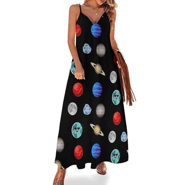 Vestido largo elegante con estampado espacial celestial, negro y blanco, cuello en V, estilo bohemio, para playa, con tirantes, moda urbana, talla grande