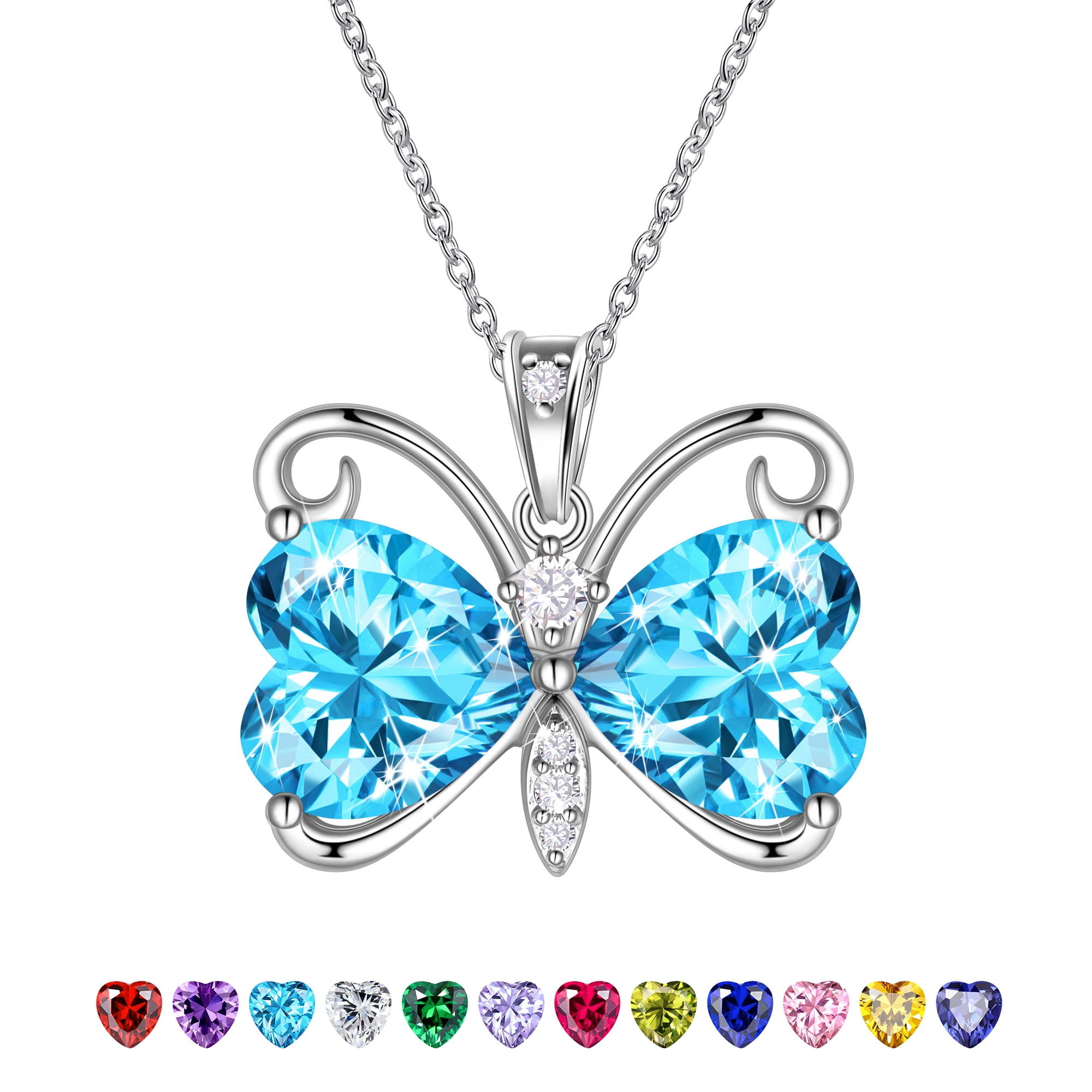 Juwaliy Blue Butterfly Necklace Heart March Birthstone Necklace Aquamarine Silver Plated Pendant Jewelry Women Christmas Birthday Mother's Day Gift
