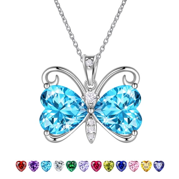 Juwaliy Blue Butterfly Necklace Heart March Birthstone Necklace Aquamarine Silver Plated Pendant Jewelry Women Christmas Birthday Mother's Day Gift