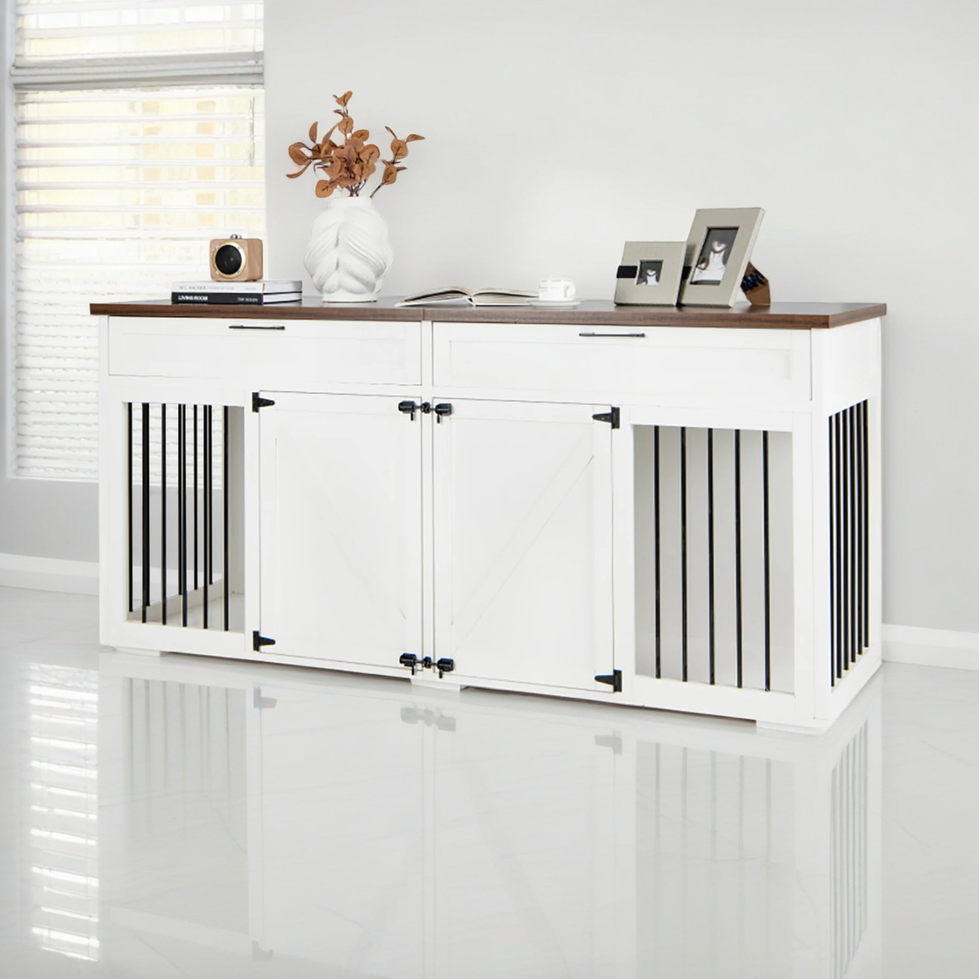 resenkos 72" Double Door Dog Crates with Partition for Two Puppies, Large Furniture Style Dog Cage, Dog House Kennel for Indoor Dogs, White