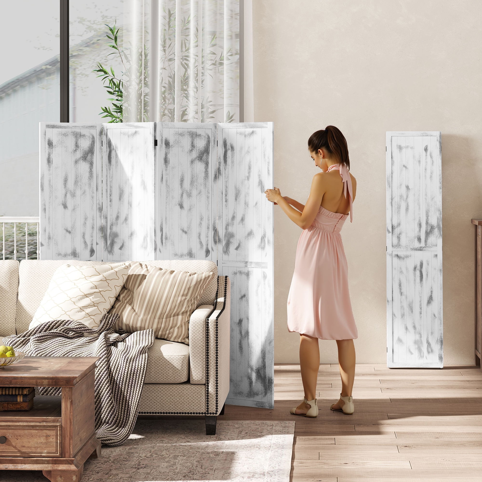 HOMCOM 5.5' 4 Panel Room Divider Folding Privacy Screen Panels, White
