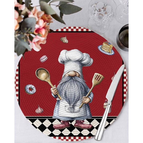 15 Inch Round Placemats Set of 4, Red Vintage Gnomes Non Slip Heat Insulation PP Table Mats, Black Checkered Retro Art Washable Place Mats for Kitchen Dining Party Table Decor