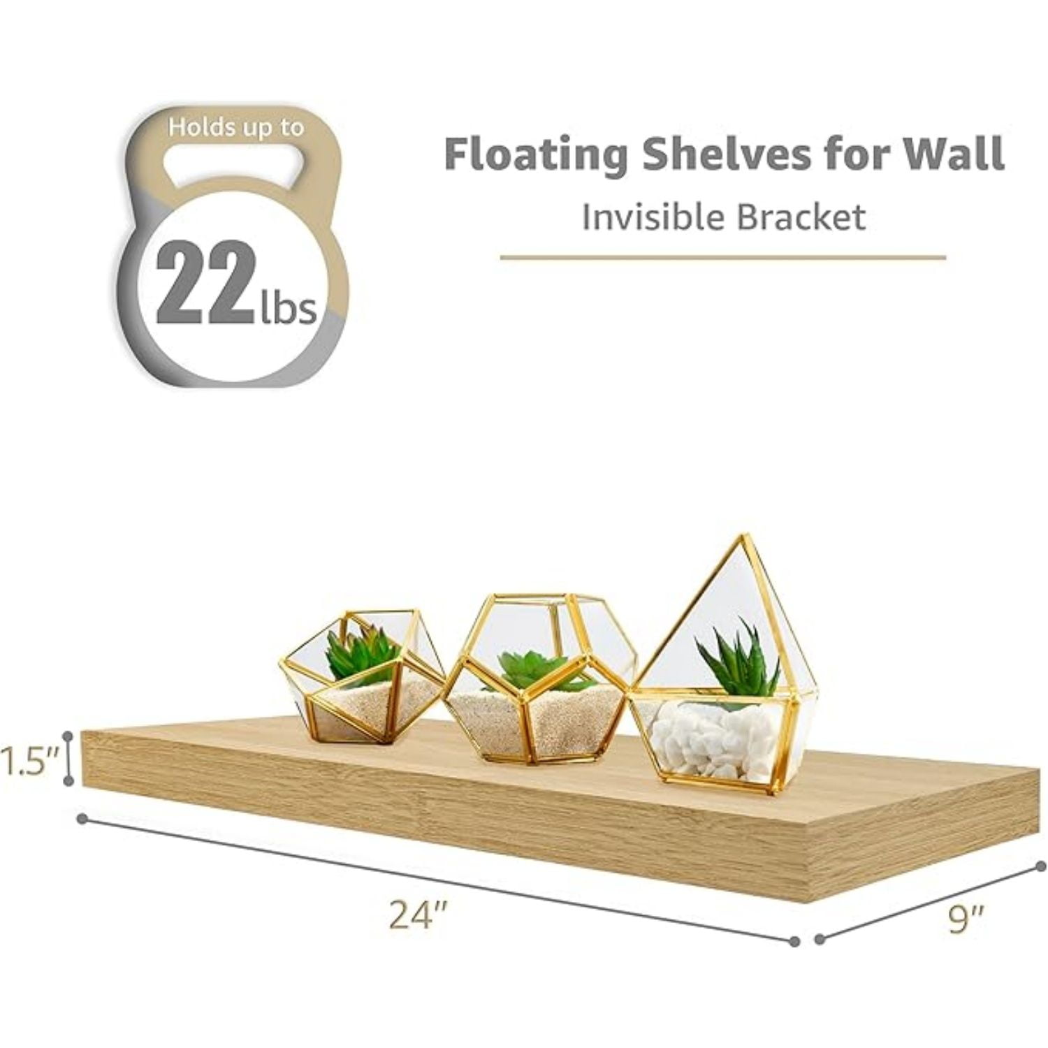 Floating Shelves for Wall - 24" Bathroom Shelves, Wall Decor for Bedroom, Kitchen, Living Room, Home Decor & Book Storage - Mounted Floating Shelf with Invisible Brackets (Maple Wood, 3 Pack)