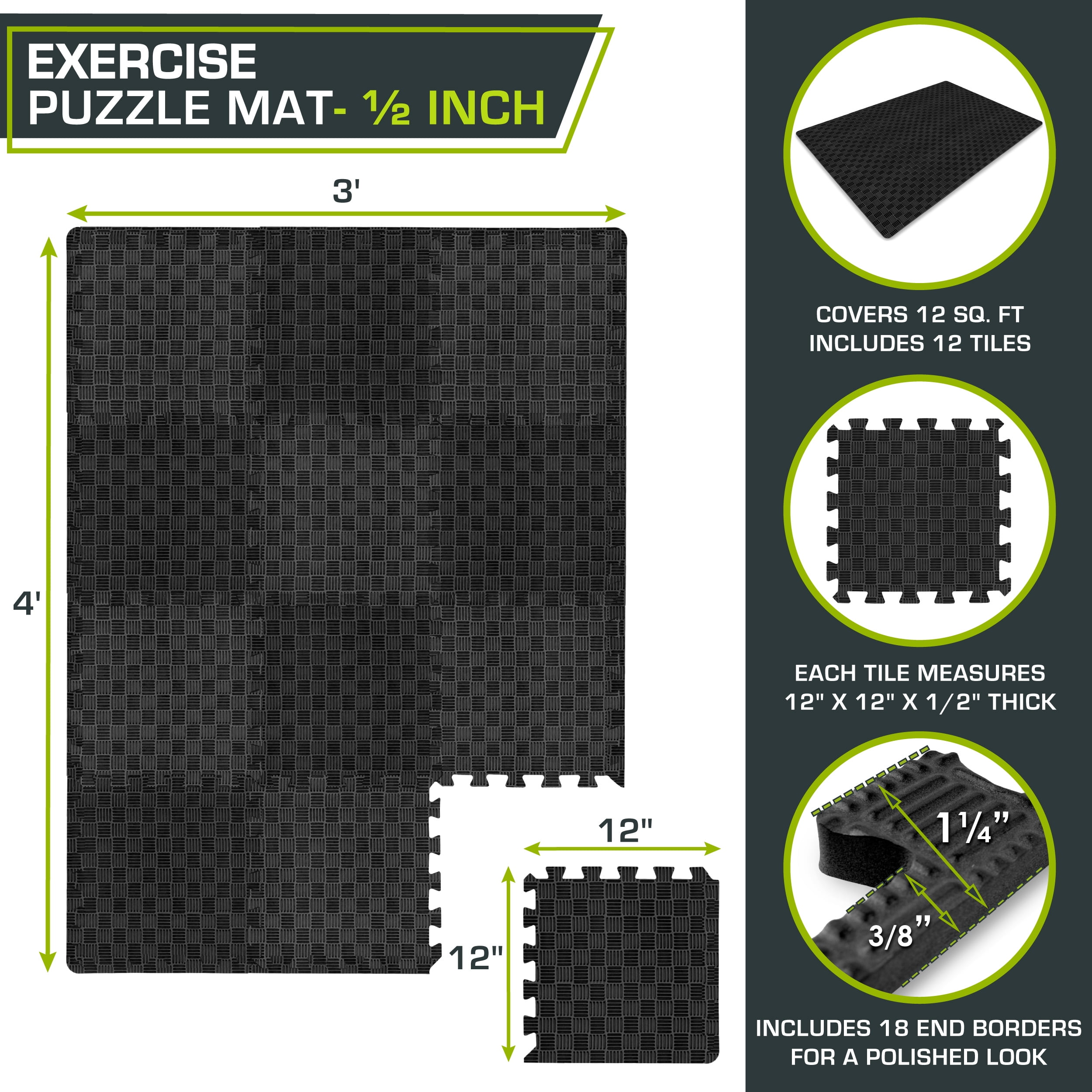 Checkered Puzzle Exercise Mat 12 x 12 1/2-in, Black, 12 Sq Ft - 12Tiles