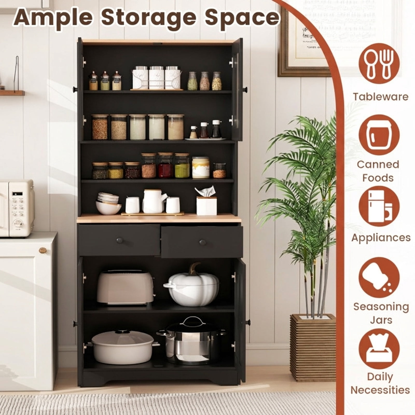 Furnibear Tall Kitchen Pantry Cabinet with Glass Doors 2 Drawers Adjustable Shelves and Countertop Freestanding Storage Cabinet for Kitchen, Black