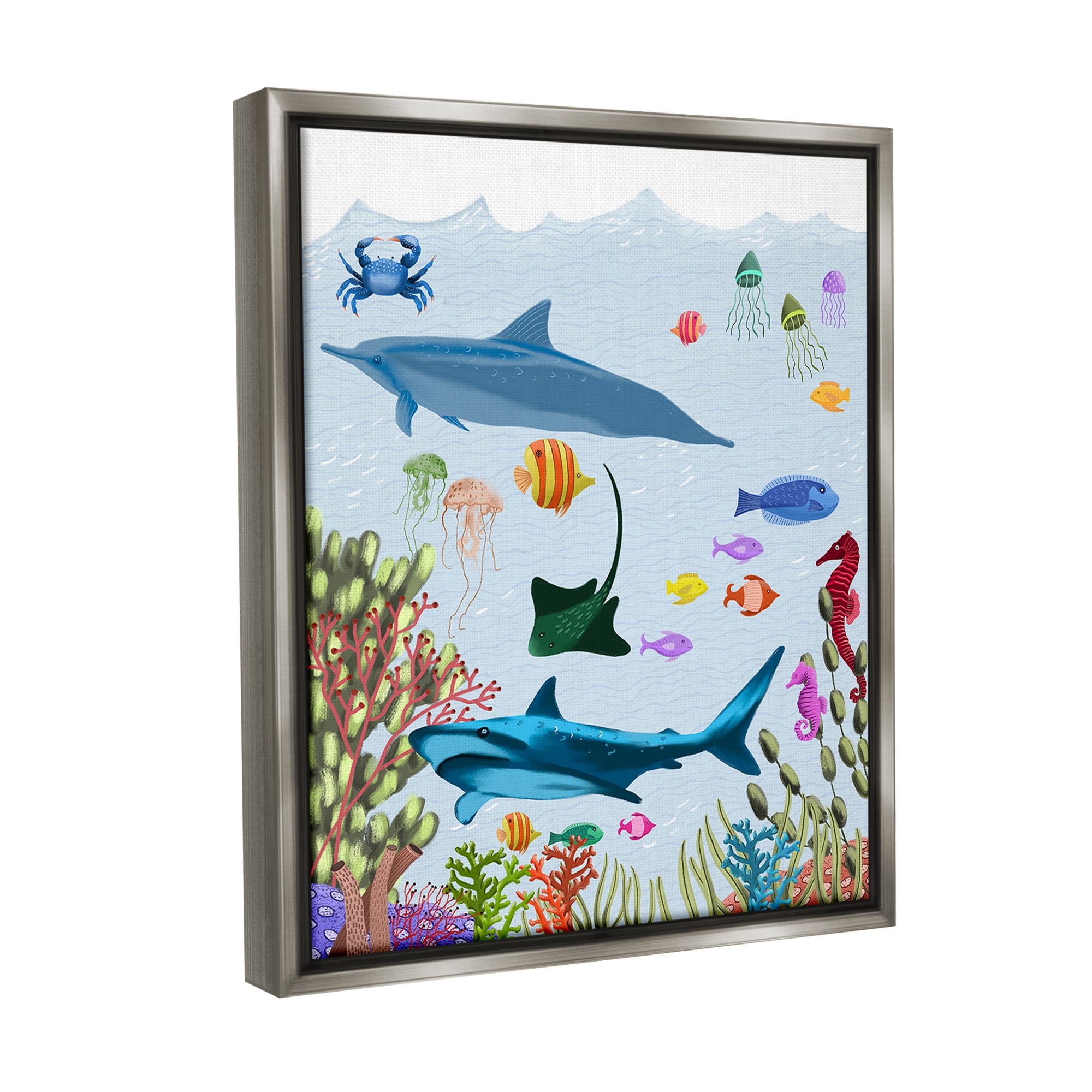 Stupell Industries Sharks & Fish Underwater Animals & Insects Painting Gray Floater Framed Canvas Art Print Wall Art, 17 x 21