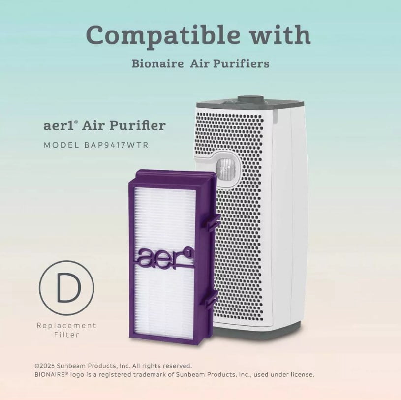 Bionaire 2pk AER1 Allergen Air Purifier Filters Purple: True HEPA, EPA Certified, Captures Odors & Smoke, Fits Bionaire & Holmes