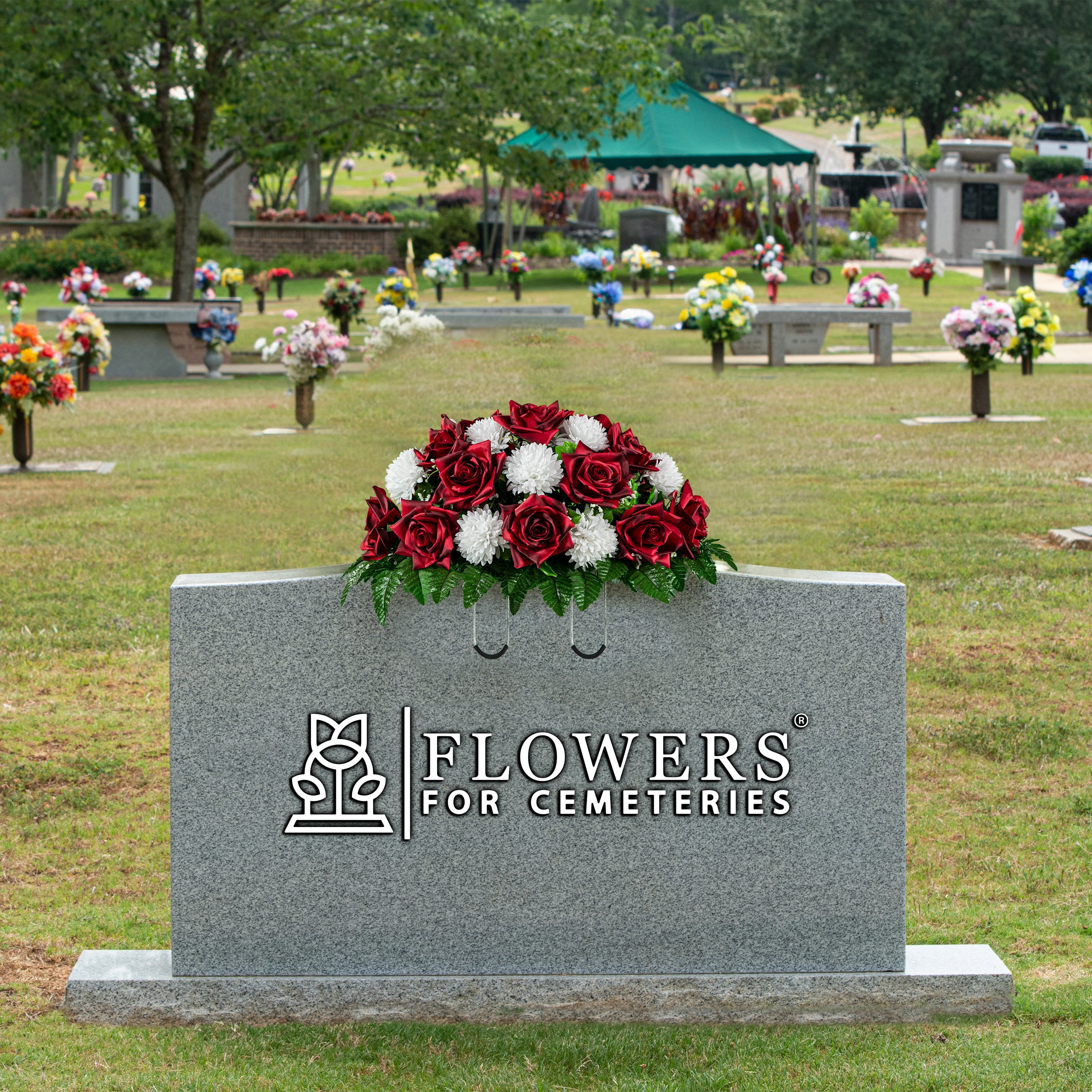 Sympathy Silks Artificial Cemetery Flowers 30" Red Open Rose/White Mum Saddle for Headstone