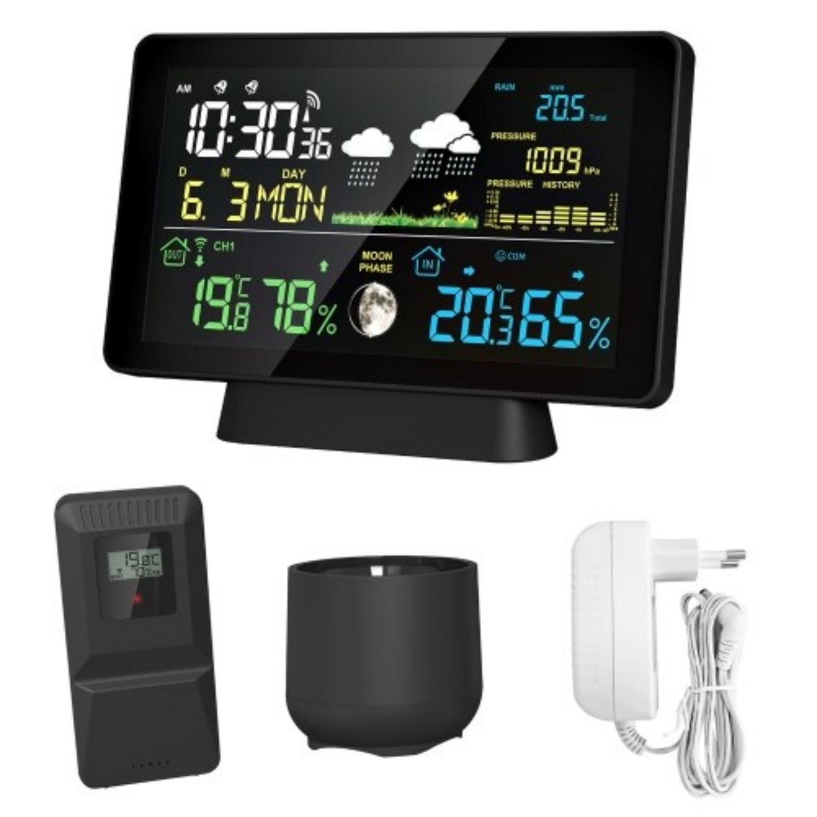7.5‑Inch Color Screen Weather Station With Rain Gauge, Indoor Outdoor Temperature And Humidity, Atmospheric Pressure, Calendar, Alarm Clock, WWVB Auto Calibration, Triple Remote Sensors