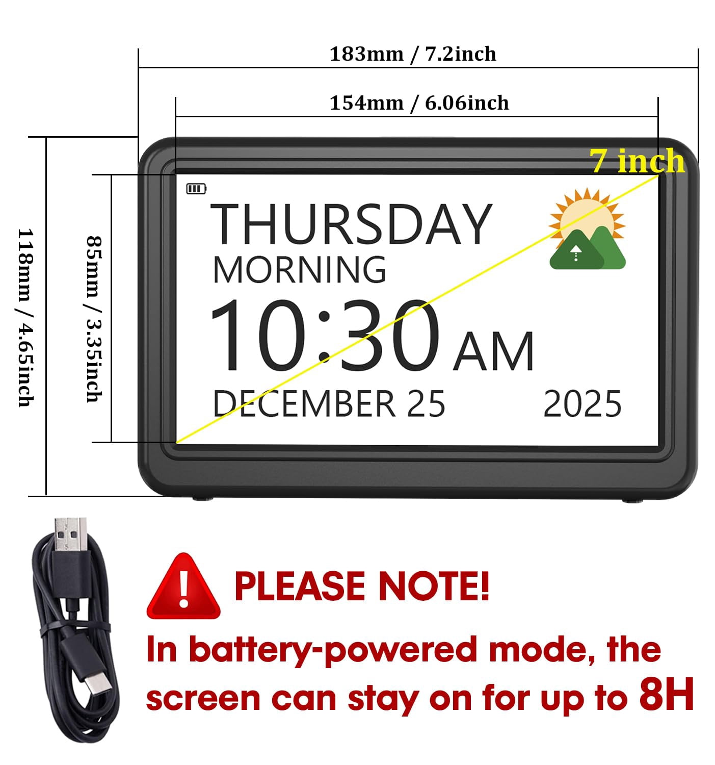 Clock With Day And Date For Operated  Digital Calendar 12 Display Modes 20 Alarms Reminders Dementia Clocks Seniors Black (with Rechargeable Battery)