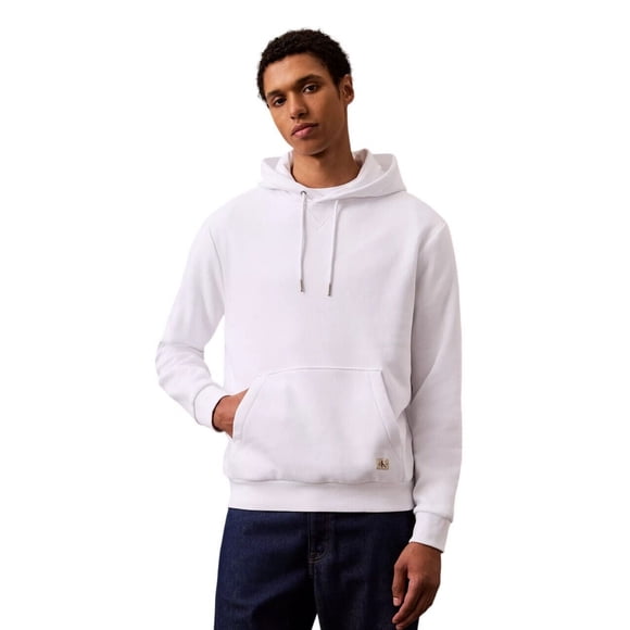 Calvin Klein Men's Monogram Logo Patch Fleece Hoodie - 40EM221 (White 110, 2XL)