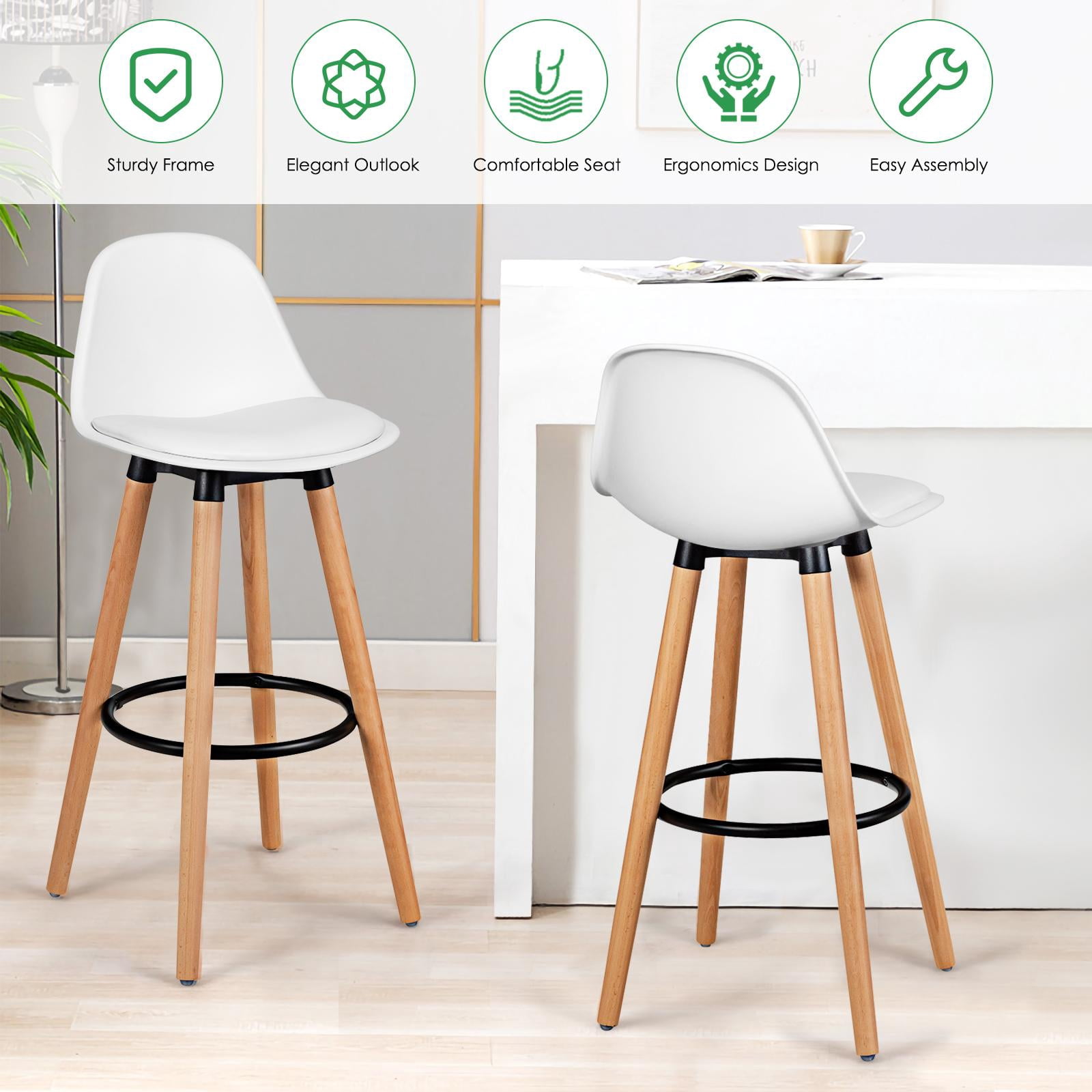 Giantex Set of 2 Dining Room Chair w/ Solid Beech Wood Legs, Upholstery High Chair Set, Scandinavian Kitchen Chair w/ Footrest, Retro Bar Stools for Living room, Loadable Up to 330 LBS, White