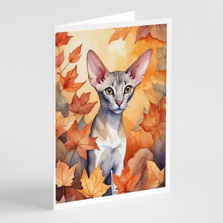 Carolines Treasures DAC7158GCA7P 5 x 7 in. Oriental Shorthair Cat in Fall Leaves Greeting Cards - Pack of 8