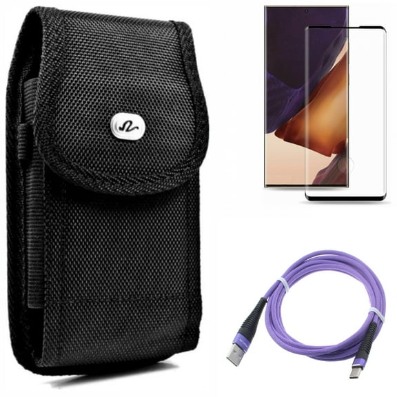 6ft USB Cable & Case Belt Clip & Screen Protector for Samsung Galaxy Note 20 Ultra (6.9") - Combo with Purple Type-C & Rugged Holster & Tempered Glass (Fingerprint Unlock)