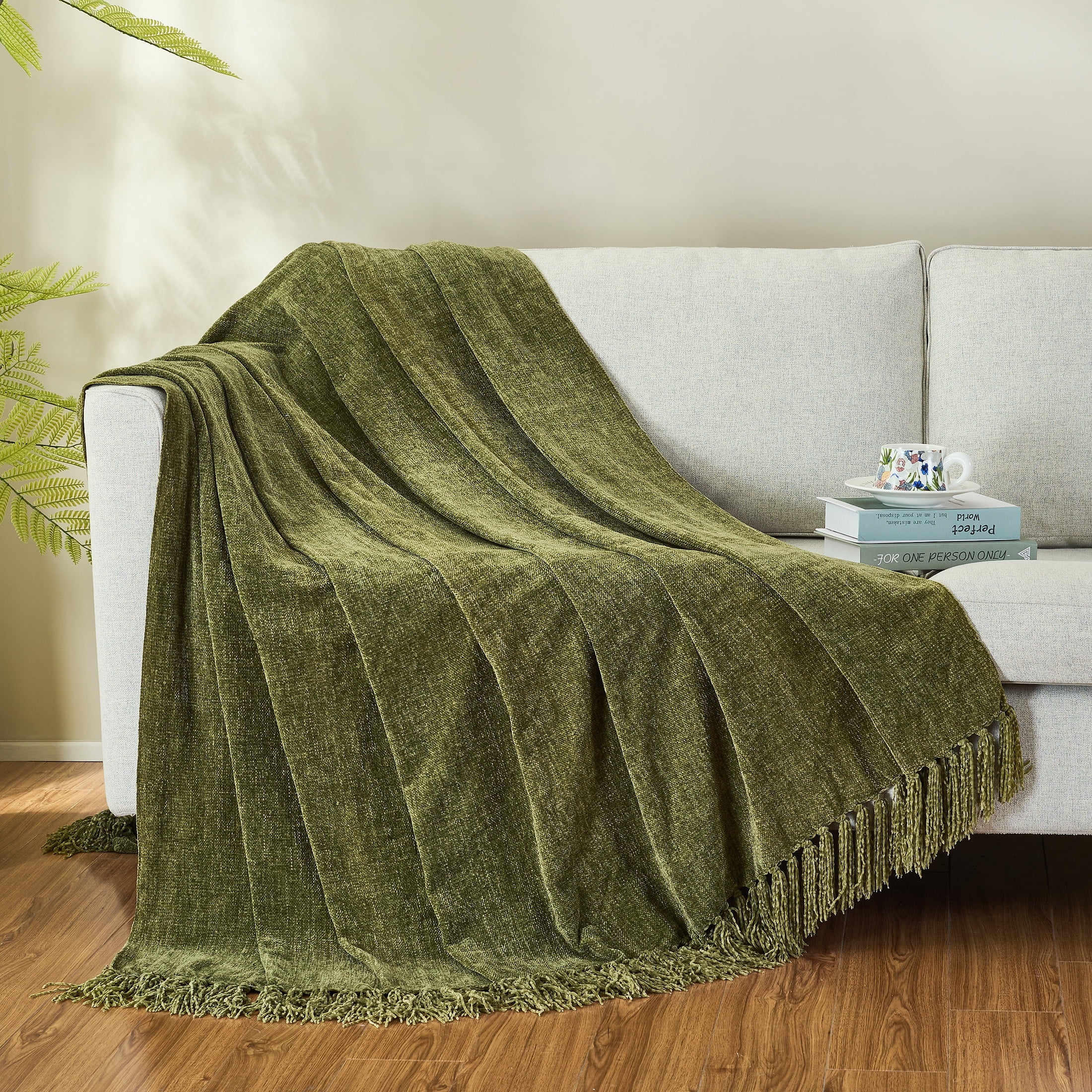 LONG CREATE Chenille Throw Blanket with Fringe Tassel for Couch Sofa Chair Bed, Olive Green 50" x 60"
