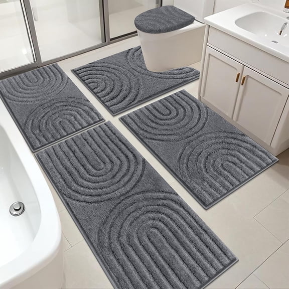 Bathroom Rugs Set 5 Piece, Plush Absorbent Bath Mats for Bathroom, Non Slip Machine Washable Bath Mat Set with Toilet Cover, Bath Runner and U-Shaped Contour Toilet Rug, Dark Grey