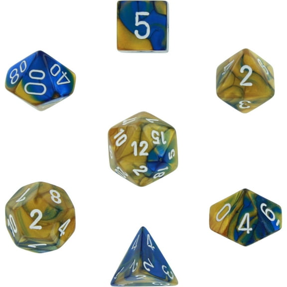 chessex polyhedral 7-die gemini dice set - blue & gold w/white (d4, d6, d8, d10, d12, d20 & d00) chx-26422