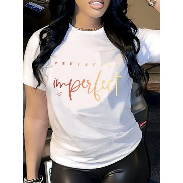 Women's Perfectly Imperfect Print T-Shirt - Casual Crew Neck Short Sleeve Top, 95% Cotton 5% Spandex Slight Stretch Fabric, Geometric Pattern Knit Tee for All Seasons