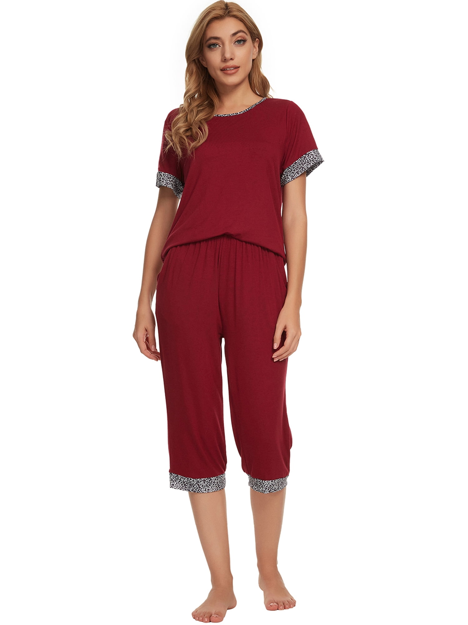 Unique Bargains Womens Pajama Set Round Neck with Capri Pants Pjs Lounge Sleepwear Sets