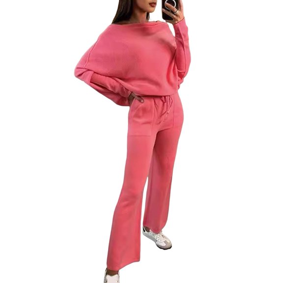 Quixlent 2 Pcs/Set Women Top Pants Set Off Shoulder Long Bat Sleeves Sweatshirt Elastic Waist Flared Sweatpants Sport Outfit Autumn Casual Tracksuit