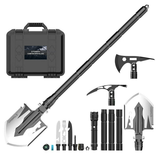TOMSHOO 29.9in Heavy-Duty Camping Shovel Axe Set, 14-in-1 Multitool with LED Flashlight (3 Modes: Zoomable, Lantern, SOS Red), Thickened Steel Head & Aluminum Handle, Foldable Design for Hiking,
