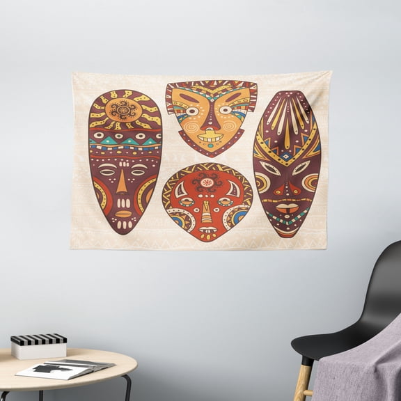 Tiki Bar Decor Tapestry, Decorative Mask Designs African Aborigine Art Patterns Cultural Ethnic Print, Wall Hanging for Bedroom Living Room Dorm Decor, 60W X 40L Inches, Multicolor, by Ambesonne