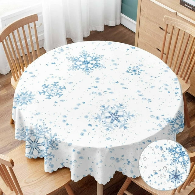 Table Cloth Snowflakes Round Tablecloth 60 inch Winter Blue Snow Splash Crystal Elegant Ice Spot Tablecloths for Round Tables Small Round Tablecloth Table Cover for Outdoor
