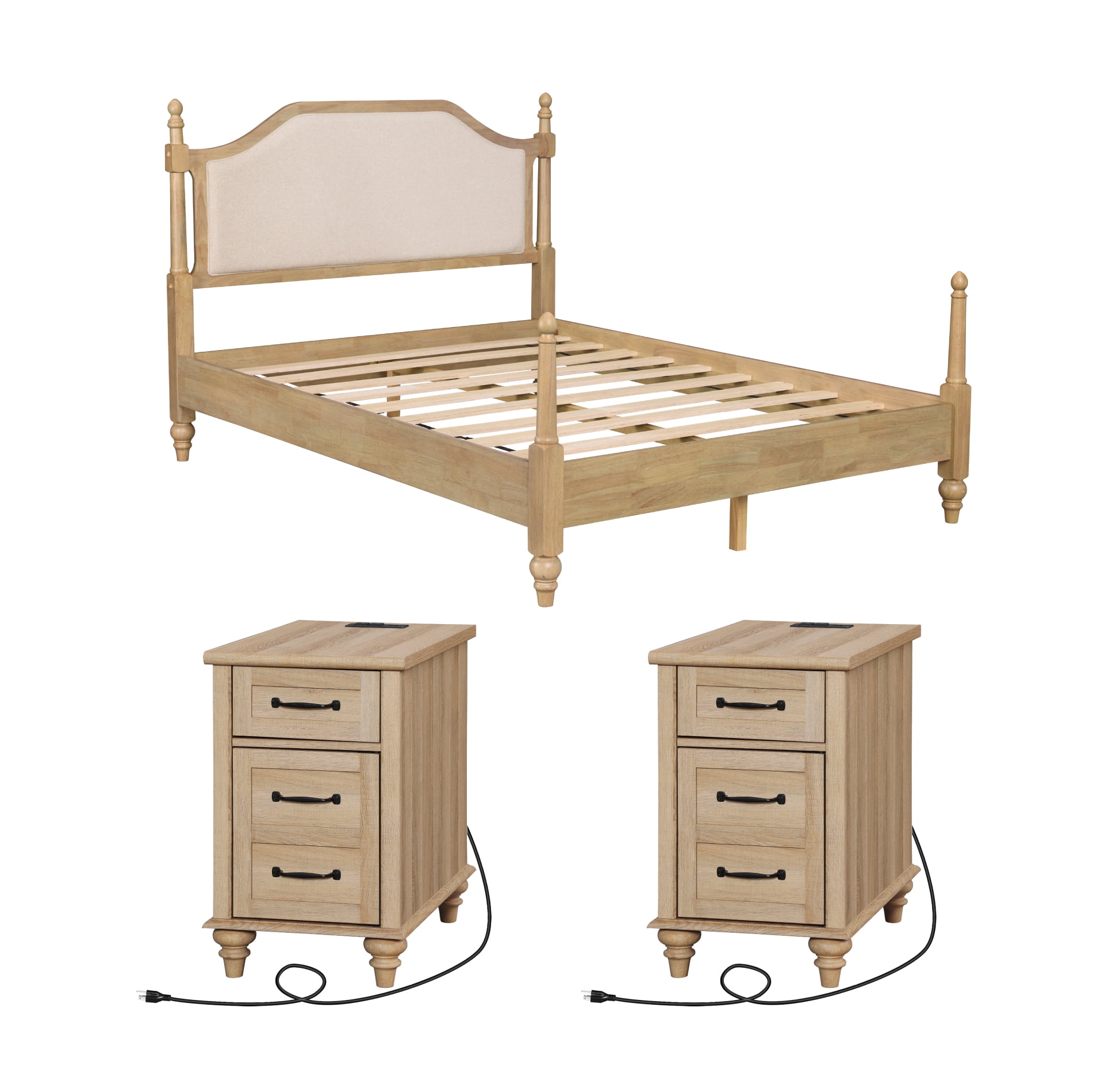 3 Piece Bedroom Set, Queen Bed Frame & 2 Nightstands with Charging Station, 1 Drawer & Storage Cabinet, Oak