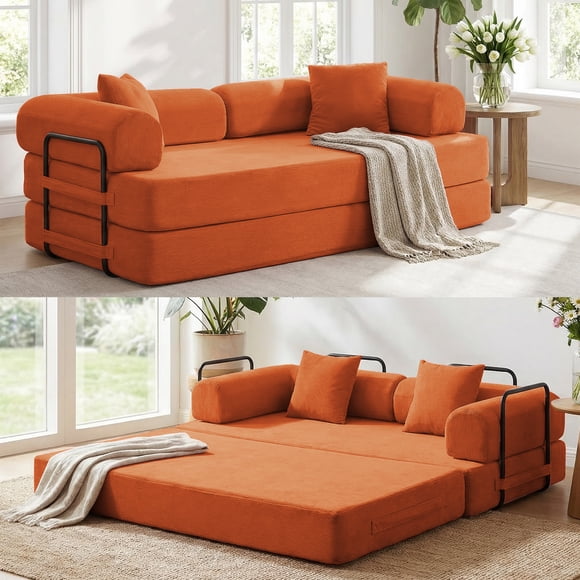 Mjkone 79" Convertible Loveseat Sleeper Sofa Bed,Corduroy Folding Floor Mattress Couch,Futon Boneless Sofa Bed for Living Room,Orange