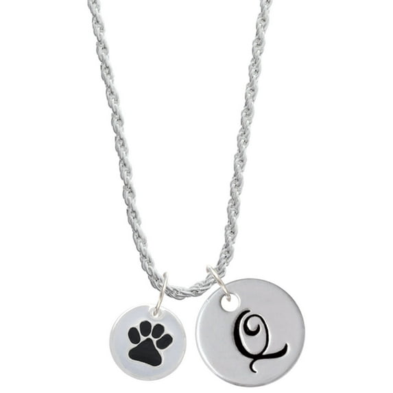 Delight Jewelry Silvertone Black Paw on White Disc Silvertone Script Initial Disc - Q - Charm Necklace, 20"+3"