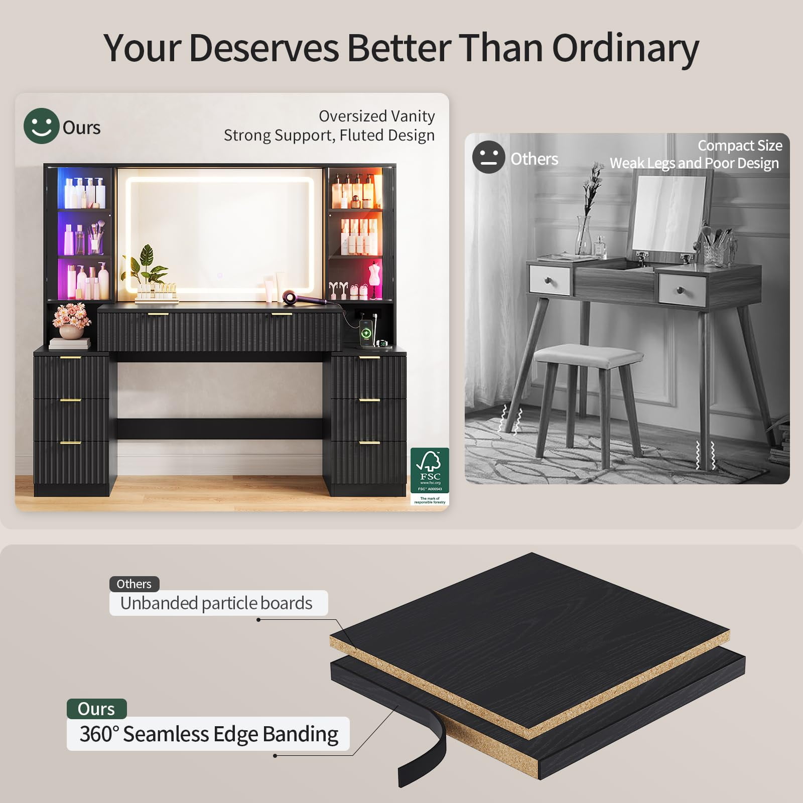 59.1" Fluted Makeup Vanity Desk with Large Mirror and Lights, 8 Drawer Vanity with Power Strip, Sound Sync LED Lights, Shelves, 2 Glass Cabinets，Modern Dressing Table for Bedroom,Black