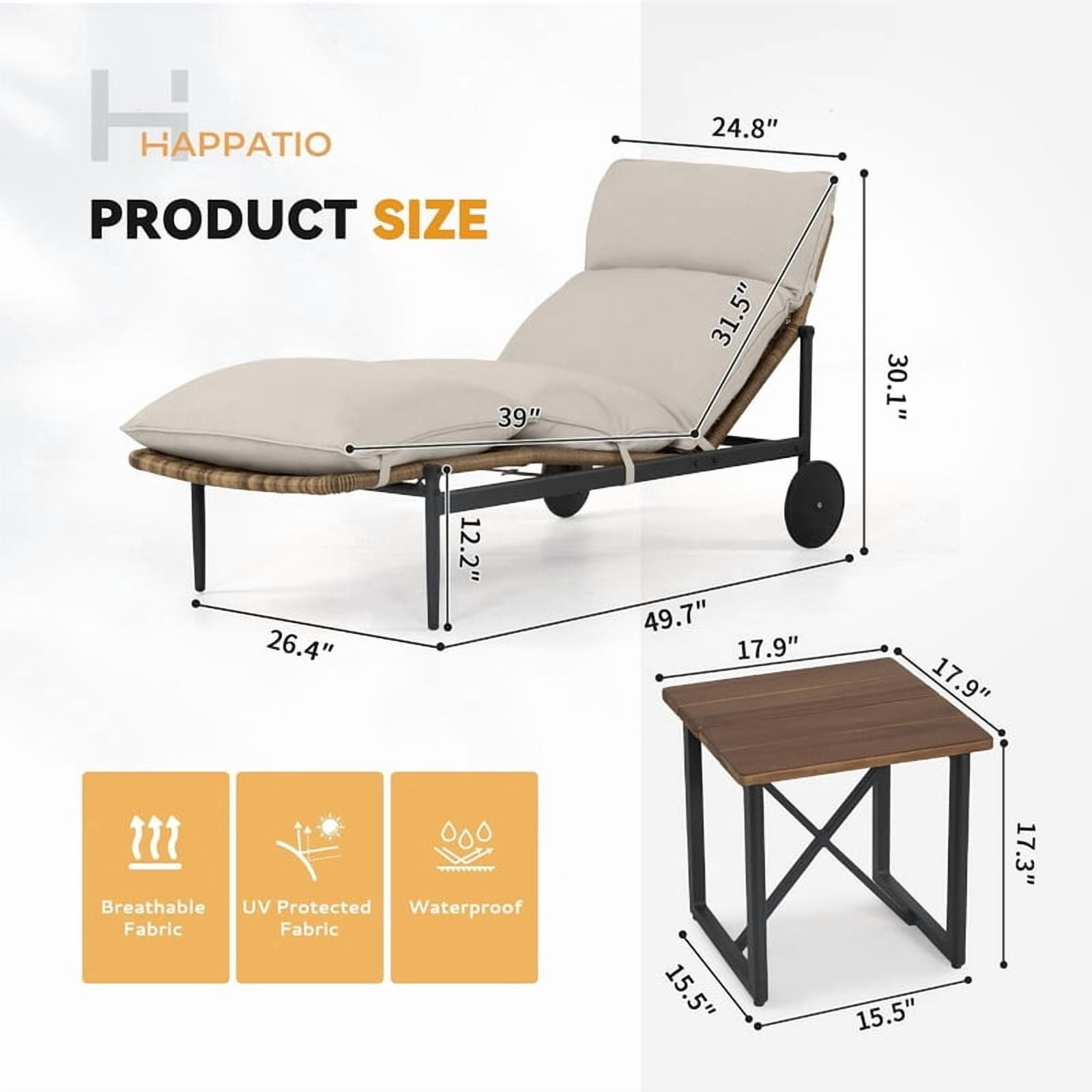 2-Piece Patio Chaise Lounge Set, Single Wicker Outdoor Lounge Chairs with Side Table, Outdoor Conversation Set for Pool Deck