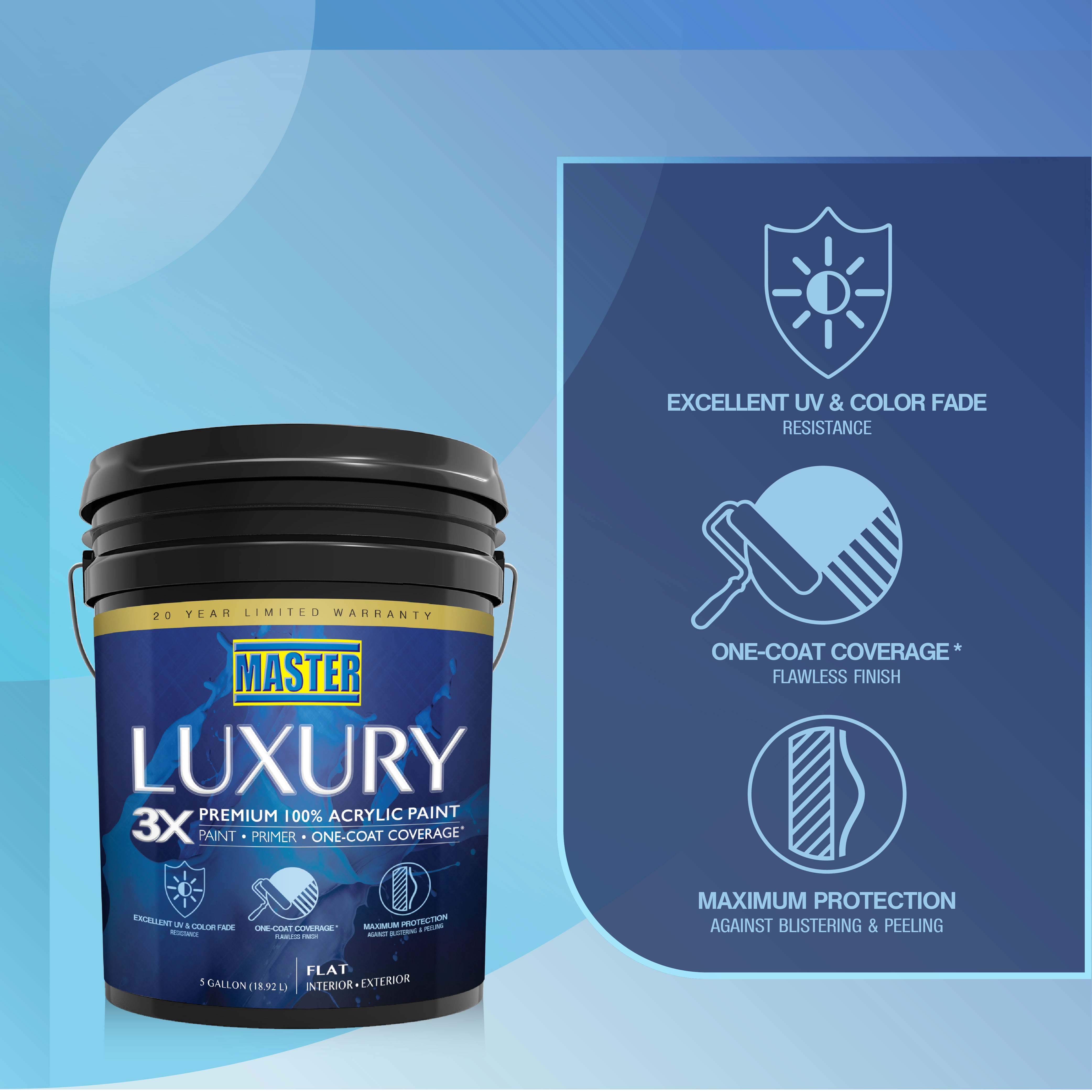 Master Luxury 3X Premium 100% Acrylic Paint-Primer-One Coat Coverage Flat Medium Tone Base 5 Gl