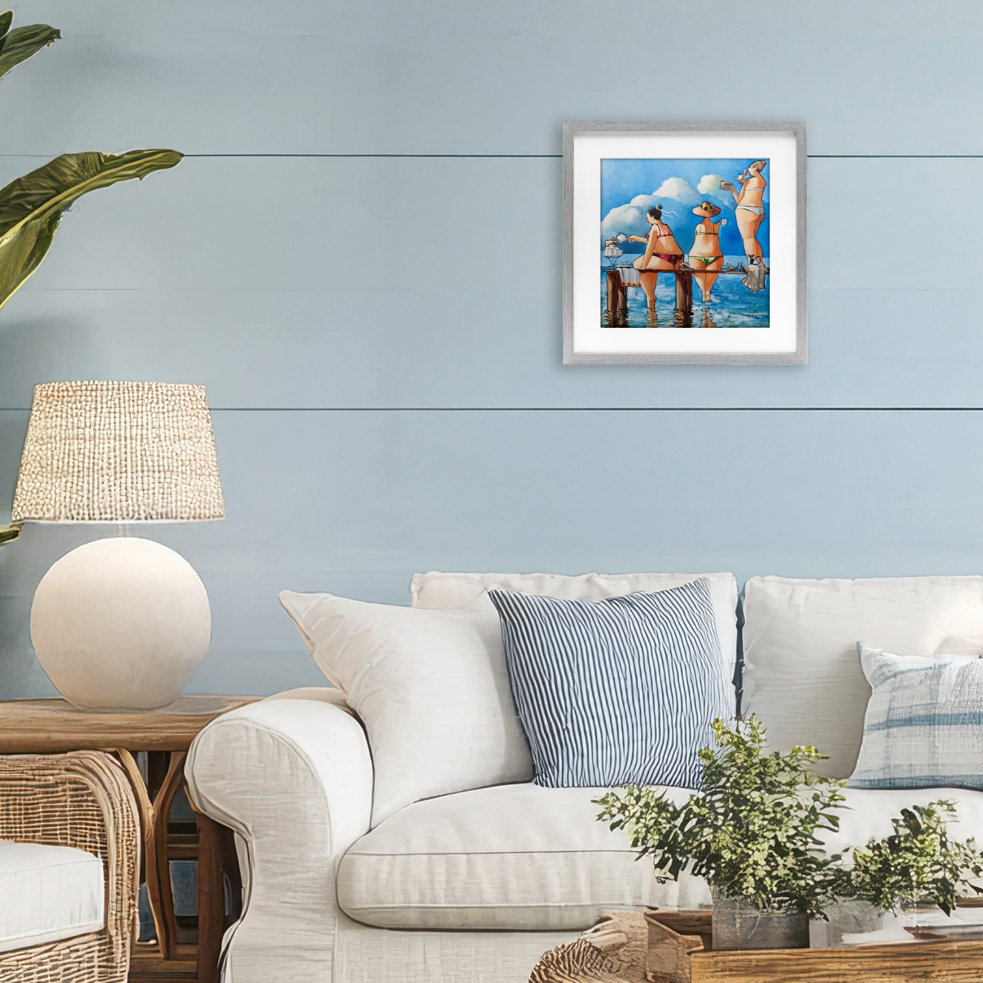 Tea Break On The Jetty Gray Framed Print Under Glass, design by Ronald West