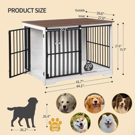 XL Large Dog Crate Furniture with Barn Door, Wooden Kennel for Medium Dogs, Side Table End Stand, Anti-Chew White Brown