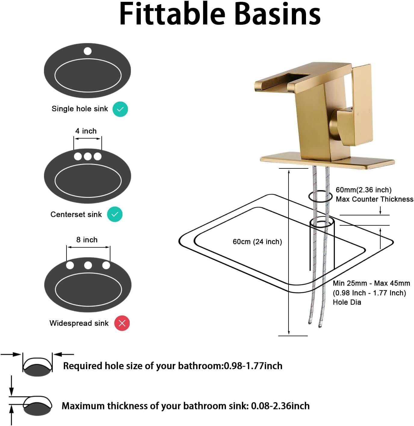 LED Bathroom Sink Faucet, Brushed Gold Waterfall Single Hole Handle Vanity Faucets for Sinks 1 Hole with Metal Pop Up Drain and 2 Water Supply Lines, Side Handle