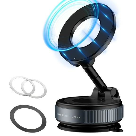 Magnetic Car Phone Holder, 360° Adjustable Swivel Lock Vacuum Car Phone Mount Foldable Suction Cup Phone Holder Stand Compatible for All Smartphones, Black
