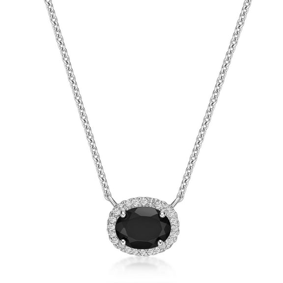 925 Sterling Silver Oval Black Onyx 18" Necklace With Created White Sapphire