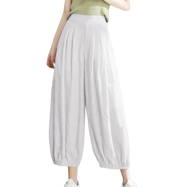 FNFYFH Clearance Womens Cotton Linen Pants High Waisted Wide Leg Pant Summer Solid Color Slacks,White