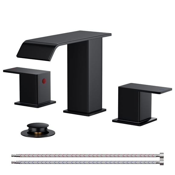 TVOFEK Waterfall Bathroom Faucet for 3 Hole, Black Bathroom Sink Faucets with Metal Pop Up Drain and Supply Hose for Vanity Restroom Lavatory