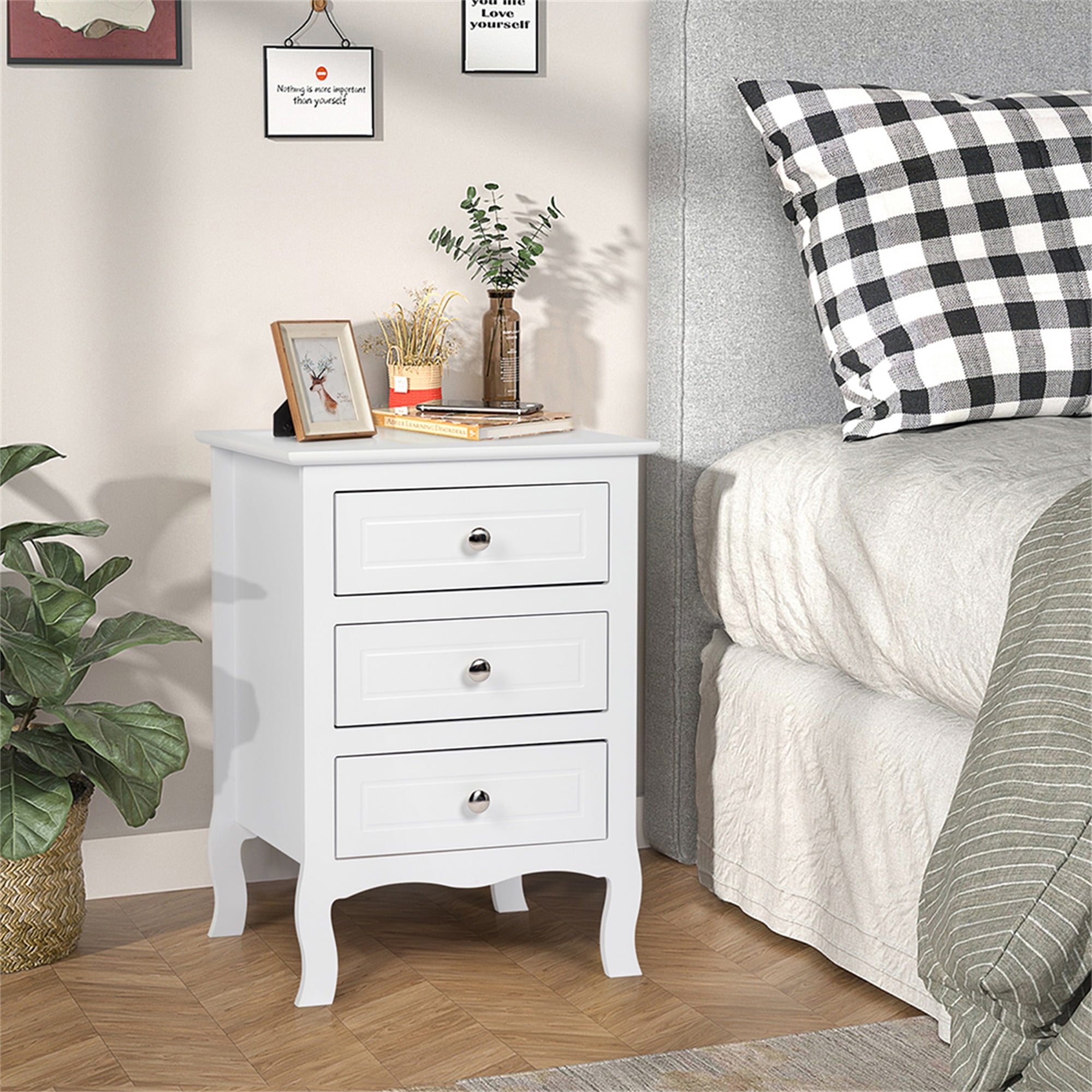 Kadyn White Nightstand Side Table with 3 Drawers, Farmhouse Style Bedside Storage Chest Table , Wood End Table Decorative Table, Solid Wood Curved Legs, Living Room Decorative Furniture Kadyn White Nightstand Side Table with 3 Drawers, Farmhouse Style Bedside Storage Chest Table , Wood End Table Decorative Table, Solid Wood Curved Legs, Living Room Decorative Furniture