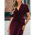 thumbnail image 6 of CUPSHE Women's Midi Dress Emerald V Neck Belted Short Sleeve Ribbed Knit Flowy Party Cocktail Dresses, 6 of 6