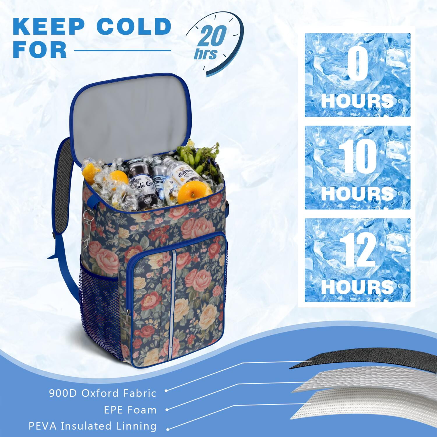 Travel Cooler Bag - Pioneer Flower Camping Beer Cooler Backpack with Bottle Opener- Waterproof Insulated Picnic Backpacks - Cooler Bag for Beach