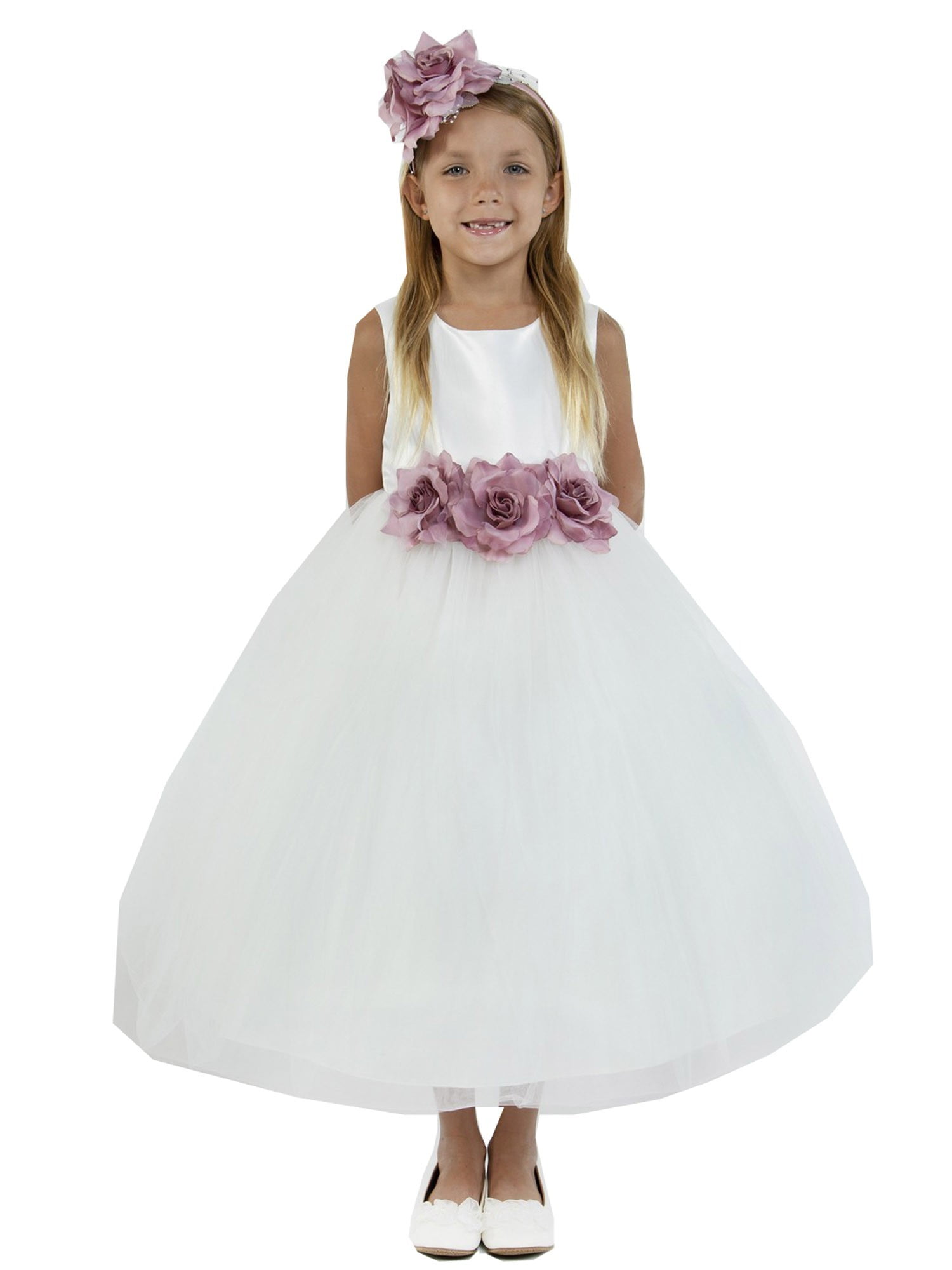 Kids Dream Kids Dream Girls White Dusty Rose Floral Satin Junior