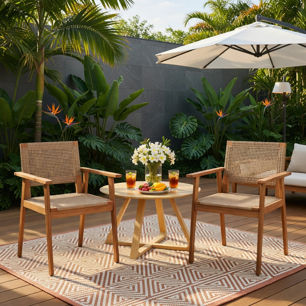 Hommoo 2-Pack Acacia Wood & PE Rattan Outdoor Dining Chairs, Weather-Resistant Patio Chairs with Ergonomic Backrest, Sturdy Armrests, Natural